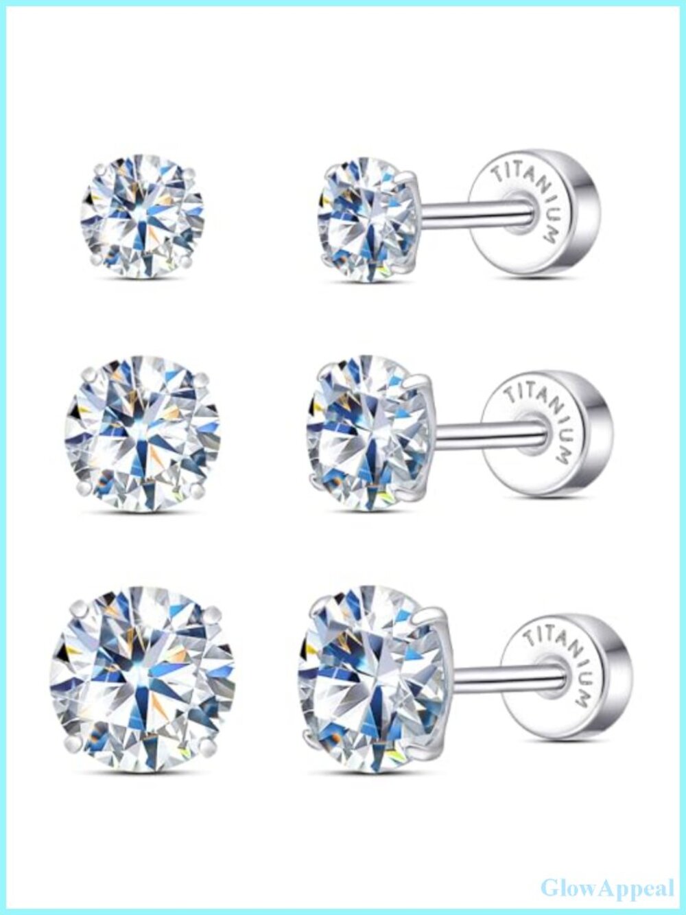 VVS1 Moissanite Stud Earrings Set Titanium Screw Back 3 Pairs Flat Back